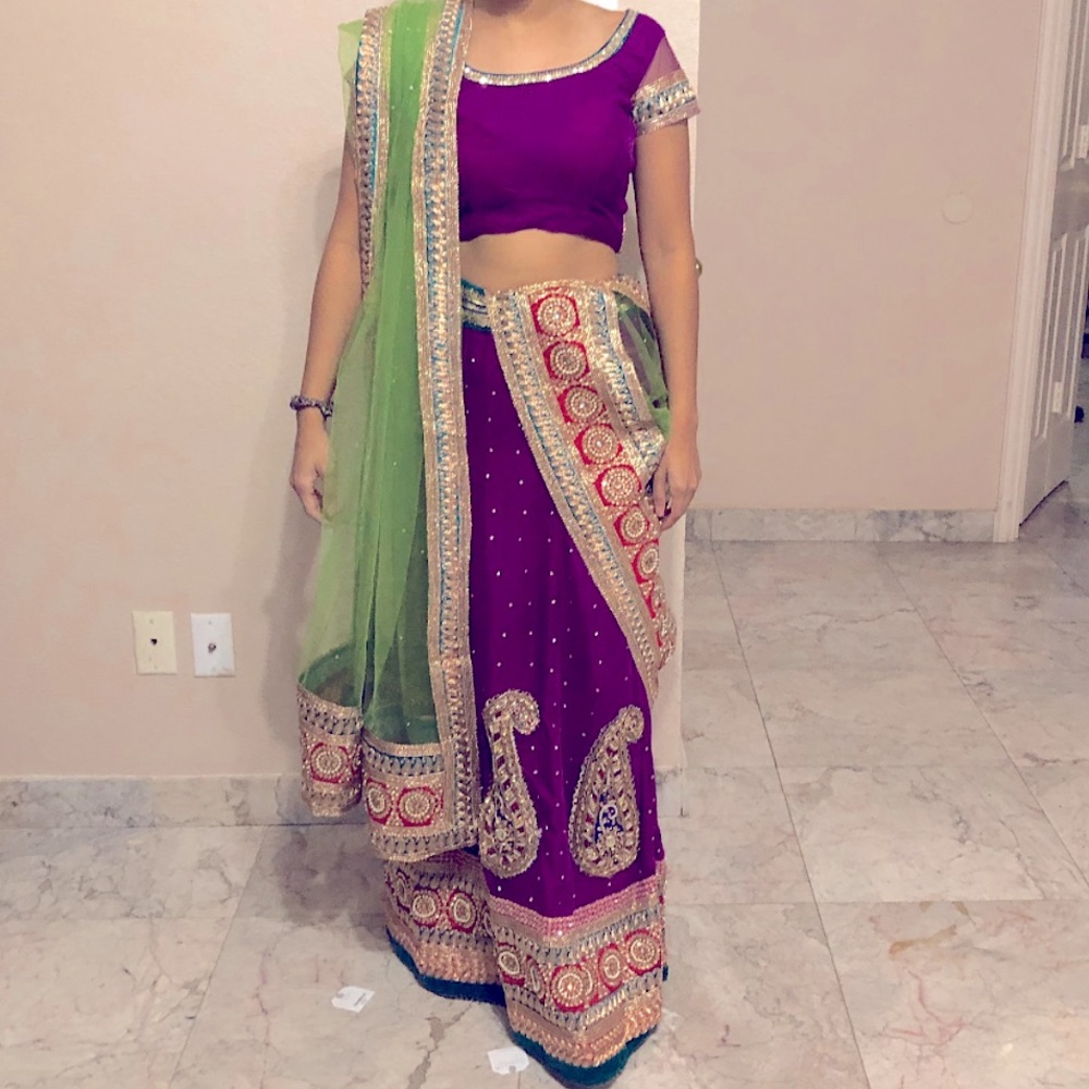 Purple and green velvet Indian Lehenga